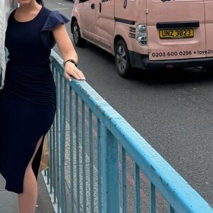 Navy Blue Dress with Ruffle Sleeve